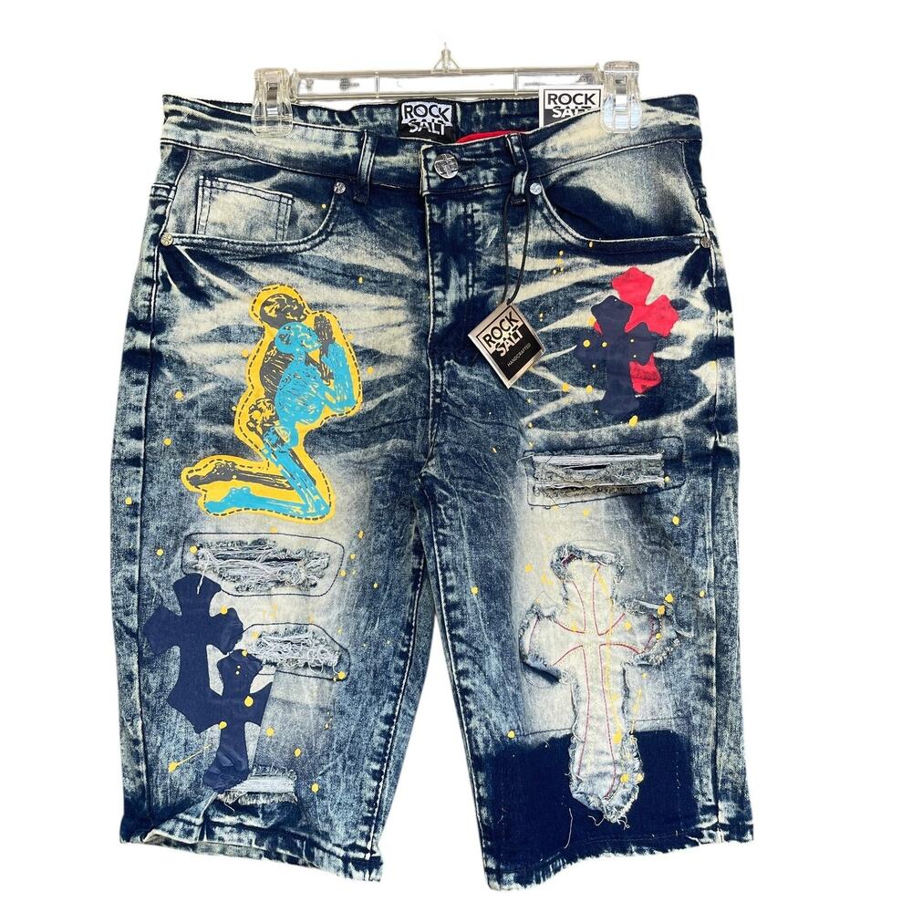 Rock Salt Shorts‎ Mens 32 Blue Medium Tint Wash Distressed Graphic Denim Crosses